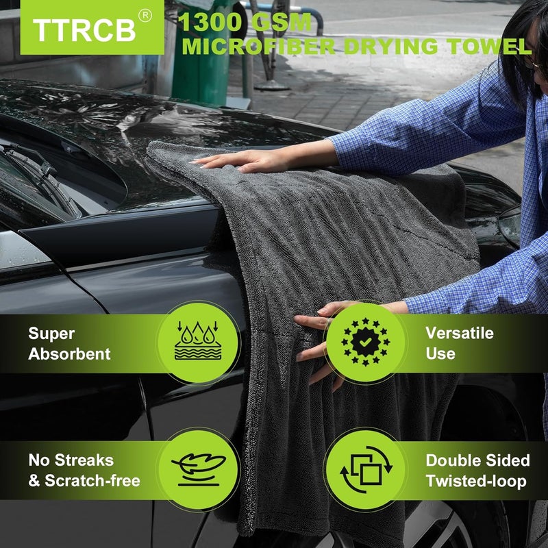 TTRCB 2 Pack 1300 GSM Car Drying Towel, Microfiber Towels for Cars - 36" x 24" & 16" x 16", Ultra-Absorbent, Streak Free, Car Wash Mitt, Car Detailing Cleaning Accessories Supplies Essentials - Image 2